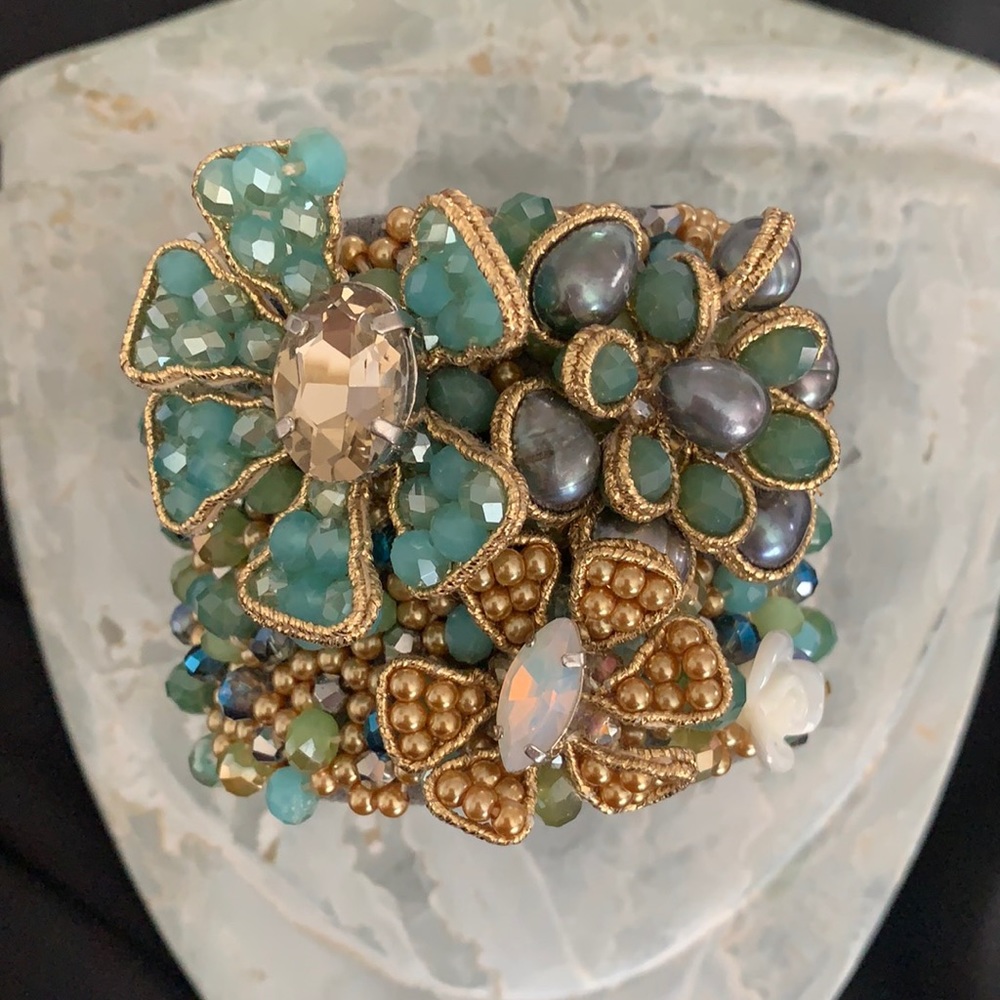 Beaded Gold and Green Cuff Bracelet